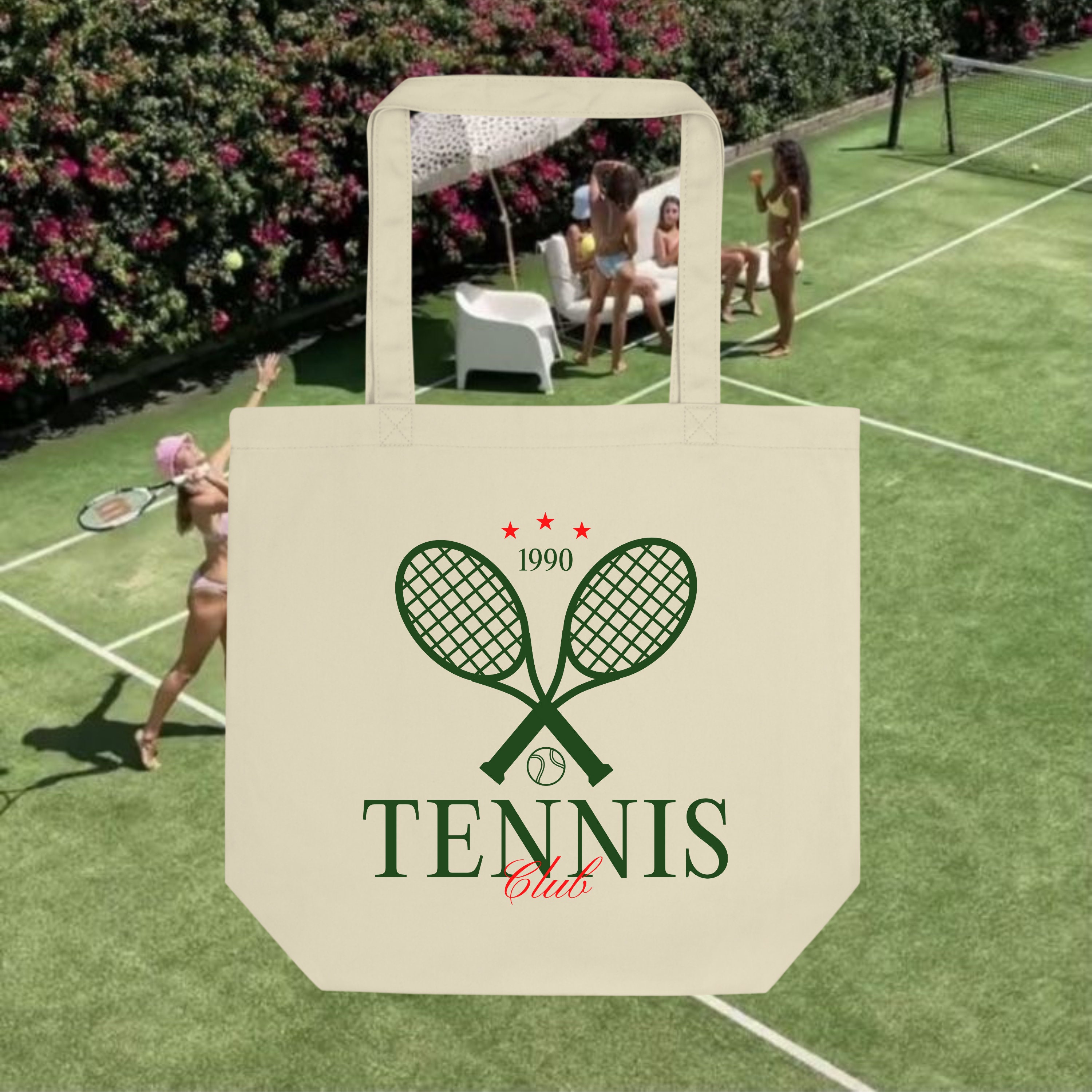 Tennis Club Tote 100% Organic Tote Canvas Bag Vintage Style 