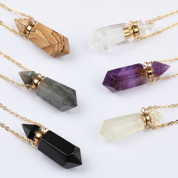 1.5'' Crystal Perfume Bottle Necklace: Hexagon Gemstone Vial, Stainless Steel Chain