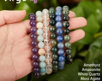 Virgo Zodiac Energy Boost Bracelet Pack - Handmade 6-Piece 8mm Bead Healing Crystals - Virgo Gemstone Collection