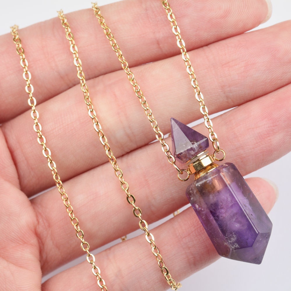 1.5'' Crystal Perfume Bottle Necklace: Hexagon Gemstone Vial 1.5'' Crystal Perfume Bottle Necklace: Hexagon Gemstone Vial