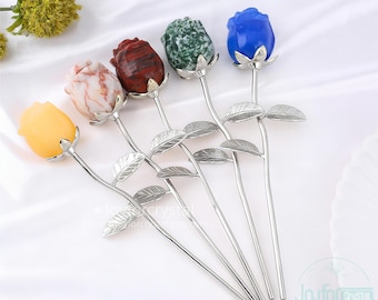 Rozenkristallen sculptuur, handgemaakte edelsteenroos, kristallen bloembeeldje, decor positieve energie