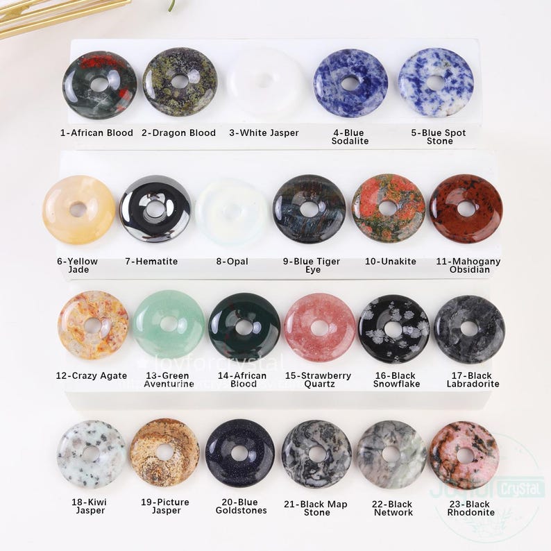 Puede incluir: Una colecci&oacute;n de colgantes de piedras preciosas en forma de rosquilla, en varios colores y patrones, incluyendo African Blood, Dragon Blood y Blue Sodalite. Cada colgante tiene un agujero central. Etiquetas de texto identifican cada tipo de piedra.