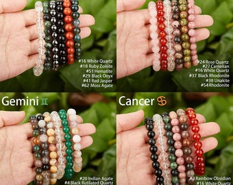 Zodiac Energy Boost Bracelet Pack - Handmade 6-Piece 8mm Bead Healing Crystals - Gemstone Collection