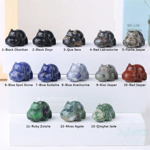 May include: A collection of thirteen gemstone hippo figurines in various colors and patterns. The figurines are labeled with the type of stone, including Black Obsidian, Red Jasper, and Blue Spot Stone. The figurines are displayed on a white surface.