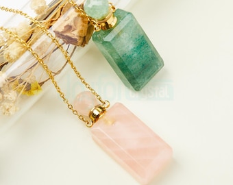 Gemstone Perfume Bottle Necklace: Rose Quartz & Green Strawberry Crystal Vial