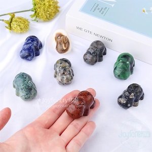 May include: A collection of small, carved stone hippopotamus figurines in various colors, including blue, green, brown, and speckled patterns. The figurines are displayed on a white surface with a book and flowers in the background.