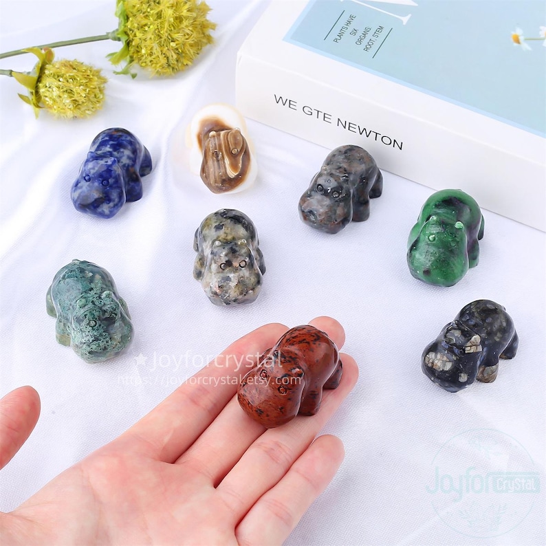 May include: A collection of small, carved stone hippopotamus figurines in various colors, including blue, green, brown, and speckled patterns. The figurines are displayed on a white surface with a book and flowers in the background.