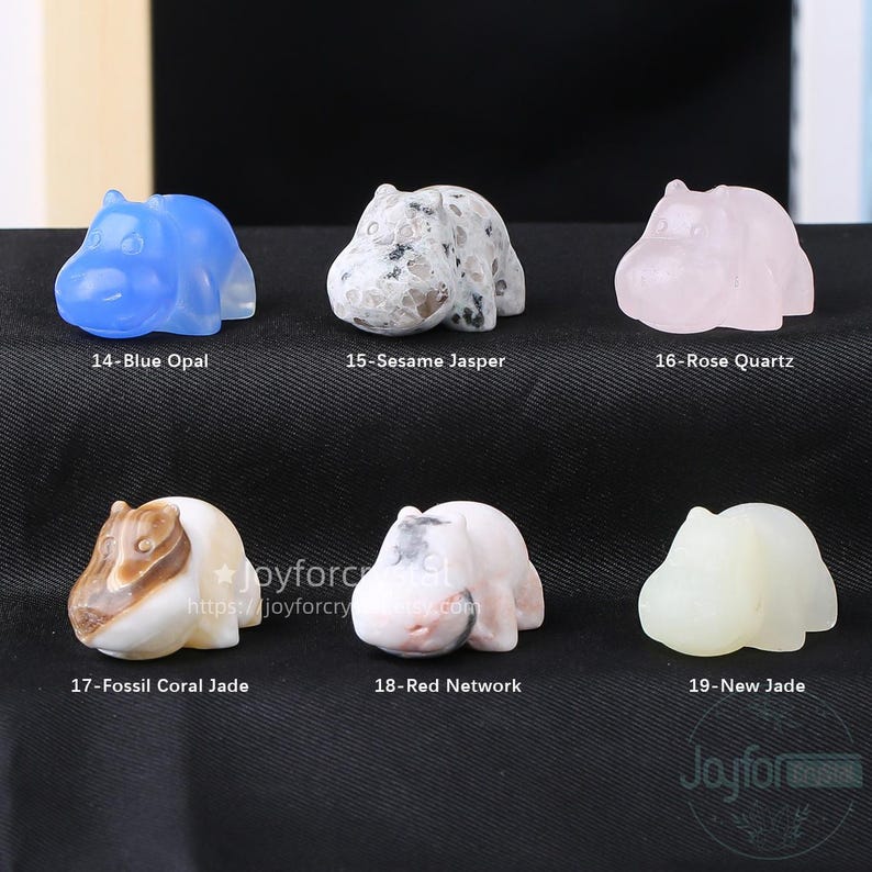 May include: A collection of six small, carved hippo figurines. The hippos are made from various gemstones, including blue opal, sesame jasper, rose quartz, fossil coral jade, red network, and new jade. Each figurine is labeled with its material.