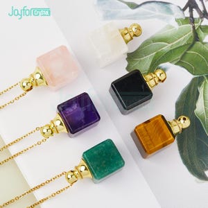 Mini Square Perfume Bottle Pendant Charms, Healing Crystal Black Obsidian/Tiger eye/Amethyst  Necklaces, Essential Oil Diffuser Vial Gifts