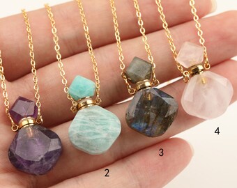 Crystal Perfume Bottle Necklace: Gemstone Vial, Gold Plated Chain