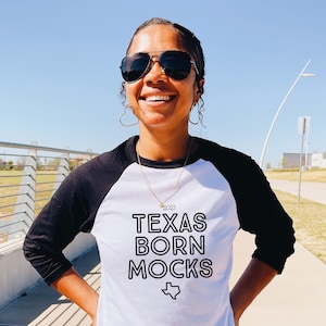 Bella Canvas Baseball Shirt | 3200 Mockup | Bella Canvas 3200 Mockup | Bella Canvas Black & White 3/4 Sleeve Baseball Shirt Mockup | Model