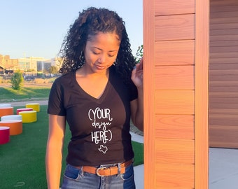 Bella Canvas 6035 T-shirt | Bella Canvas V-Neck Mockup |  Black V-Neck Mockup | Black Bella Canvas Tee | Black t-shirt model mockup | V-neck