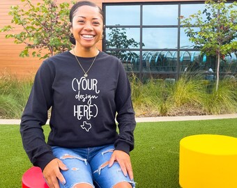Bella Canvas Long Sleeve Mockup | Black Long Sleeve Tee Mockup | Bella Canvas 3501 Mockup | T-shirt Model | Black Long Sleeve Mockup