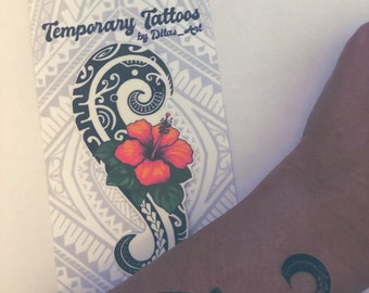 TEMPORARY TATTOO: Hawaiian polynesian design temporary tattoo tatau with red orange hibiscus flower