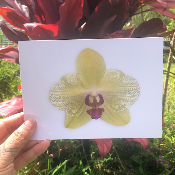 FINE ART PRINT: light yellow orchid with polynesian design giclee print unframed free shipping to u.s.a  7 x 5in