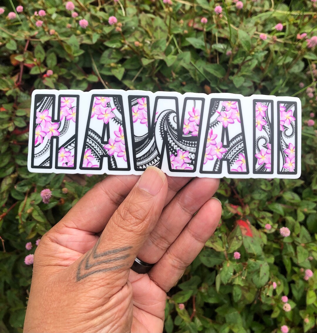 Hawaii Vinyl Decal Sticker With Pink Flowers & Polynesian Tattoo Tribal ...