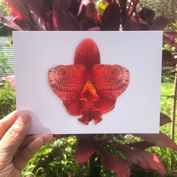 FINE ART PRINT: Red orchid  with polynesian design giclee print unframed free shipping to u.s.a  7 x 5in