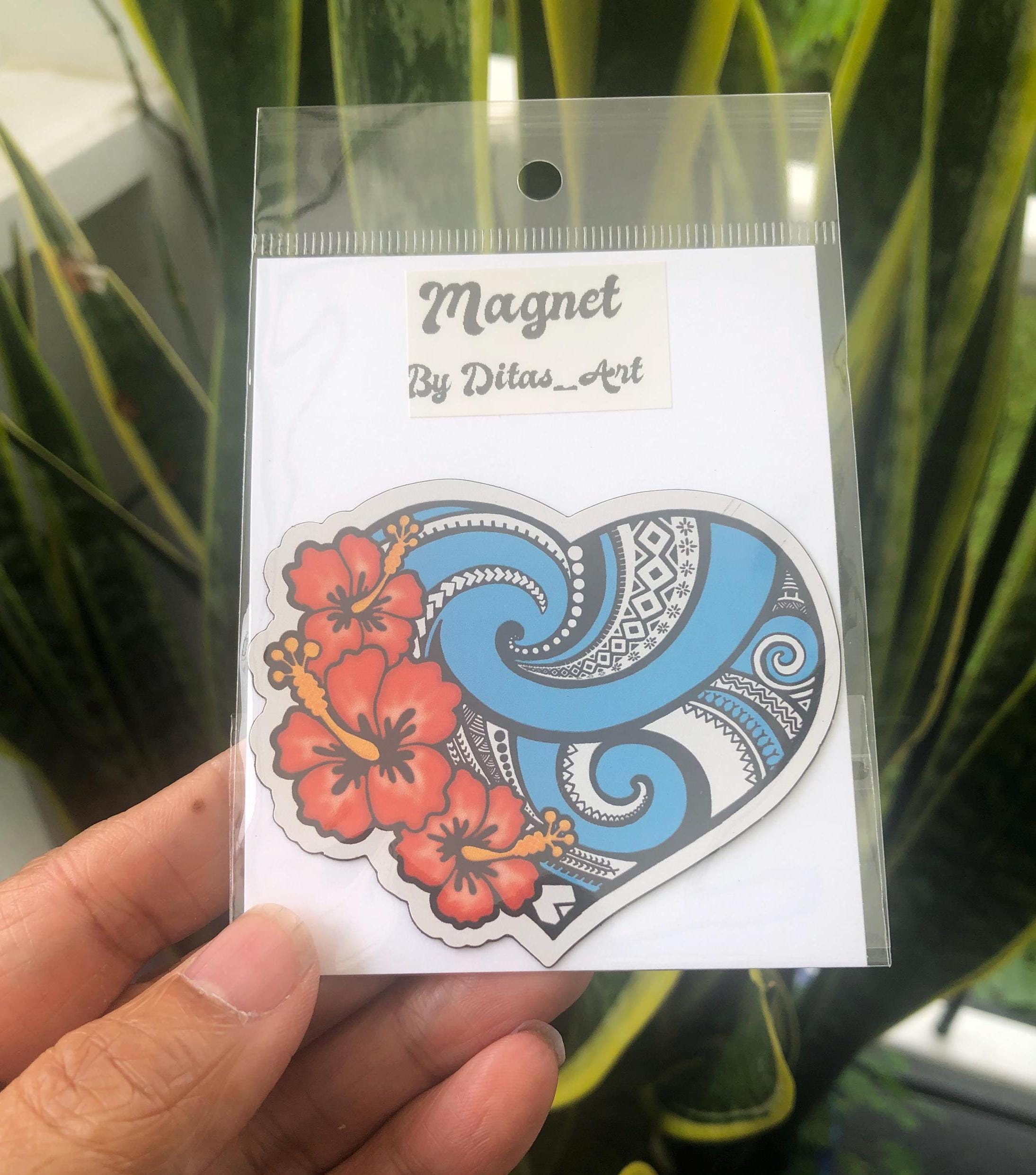 MAGNET Heart Love With Polynesian Design and Hawaii Flowers Car