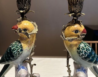 Pair of Porcelain and Bronze Ormolu Parrot Candle Holders