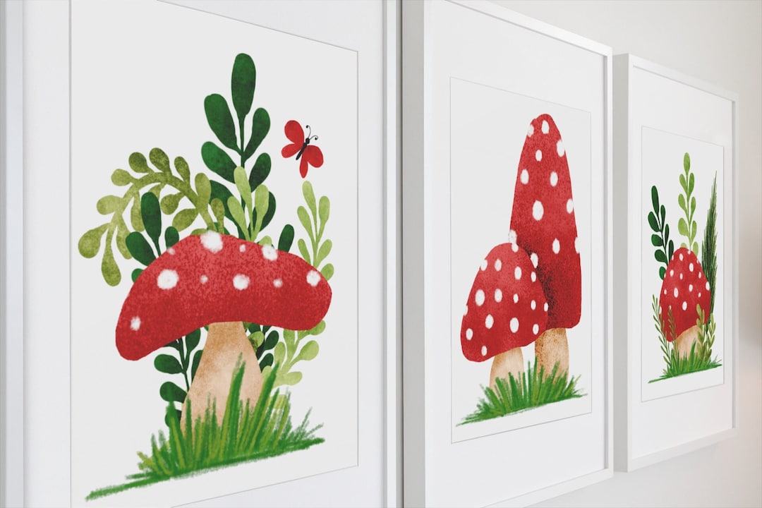 Red Mushroom Decor Set of 3 Mushroom Art Prints Watercolor - Etsy