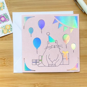Cartão de felicitações - Gato - Festa - Celebração - Cartão para qualquer ocasião - Holográfico rosa e prateado