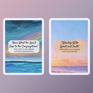May include: Two digital tablets display watercolor art with text. One tablet reads "Hear What the Spirit Says to the Congregations" and the other reads "Worship With Spirit and Truth." Both include the 2025-2026 Circuit Assembly details.