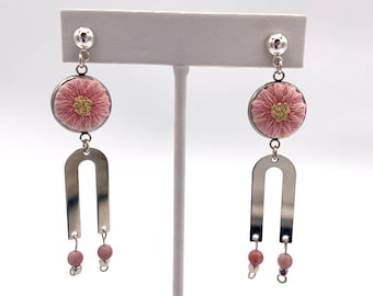 Pink Flower Earrings, Handmade Jewelry, Hand Embroidered Earrings, Birthday Gifts For Her, Nature Inspired Jewelry, Dangle Earrings