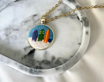 Surfboard Necklace, Hand Embroidered Necklace, Embroidered Jewelry, Pendant Necklace, Handmade Gifts for Women, Jewelry for Surfers