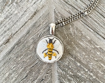 Bee Necklace, Hand Embroidered Necklace, Embroidered Jewelry, Pendant Necklace, Birthday Gifts for Her, Handmade Gifts for Women