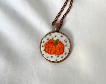 Pumpkin Necklace, Hand Embroidered Necklace, Embroidered Jewelry, Pendant Necklace, Handmade Gifts for Women, Nature Inspired Jewelry