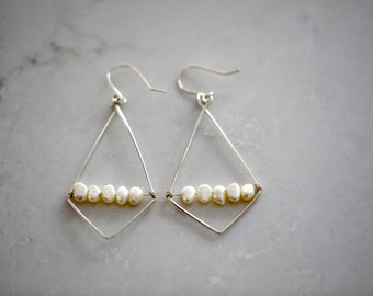 Pearl Dangle Earrings Silver, Drop Earrings, Geometric Earrings, Birthday Gifts for Her, Handmade Gifts for Women, Boho Earrings