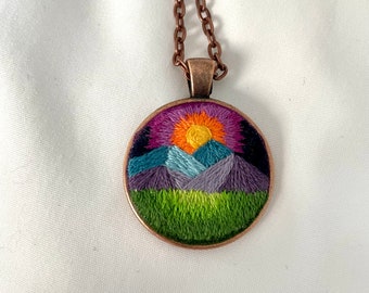 Mountain Necklace, Hand Embroidered Necklace, Embroidered Jewelry, Pendant Necklace, Handmade Gifts for Women, Nature Inspired Jewelry