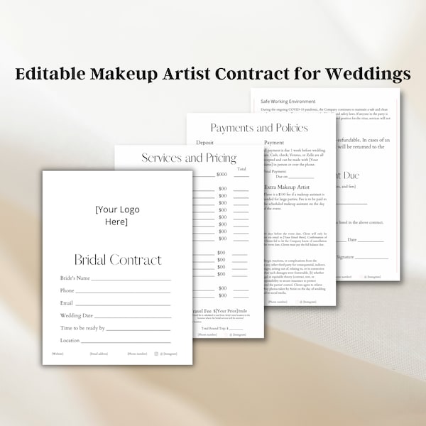 Editable Bridal Makeup Contract Template, Professional Makeup Contract Template, Freelance Makeup Artist Contract