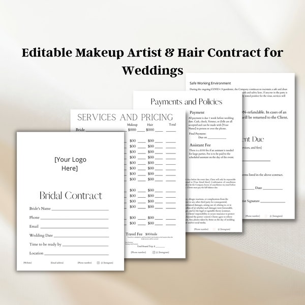Bridal Styling and Professional Makeup Contract Template, Editable Bridal Hair/Makeup Contract Template, Freelance Makeup Artist Contract