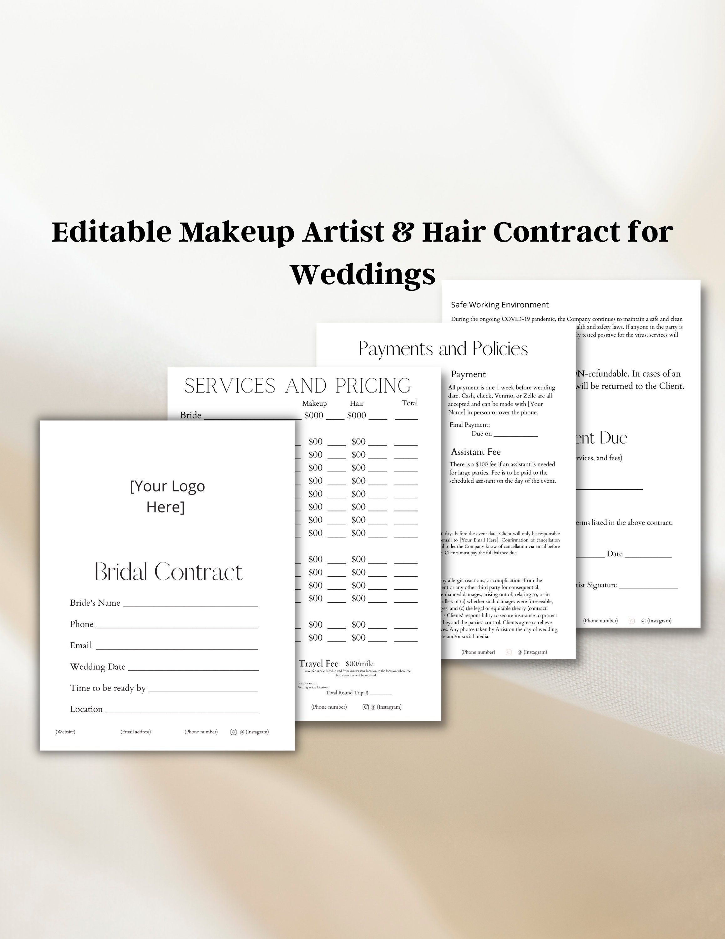 Bridal Styling and Professional Makeup Contract Template, Editable Bridal Hair/Makeup Contract Template, Freelance Makeup Artist Contract