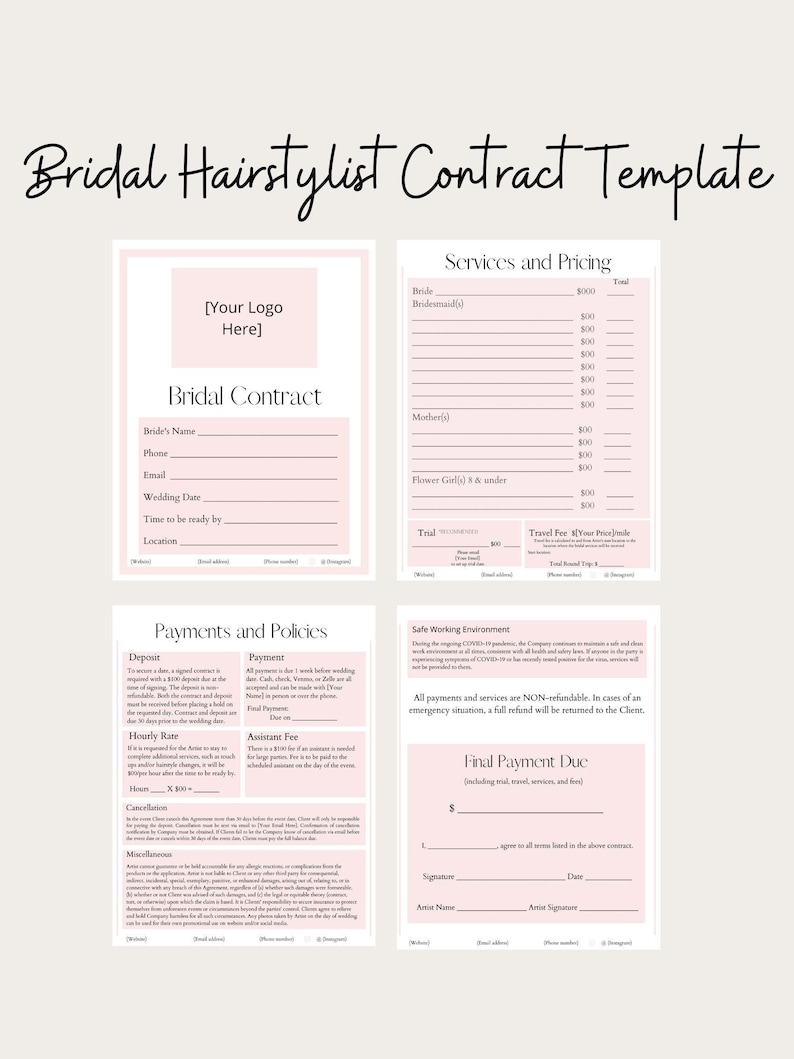 Editable Bridal Hairstylist Contract Template - Etsy