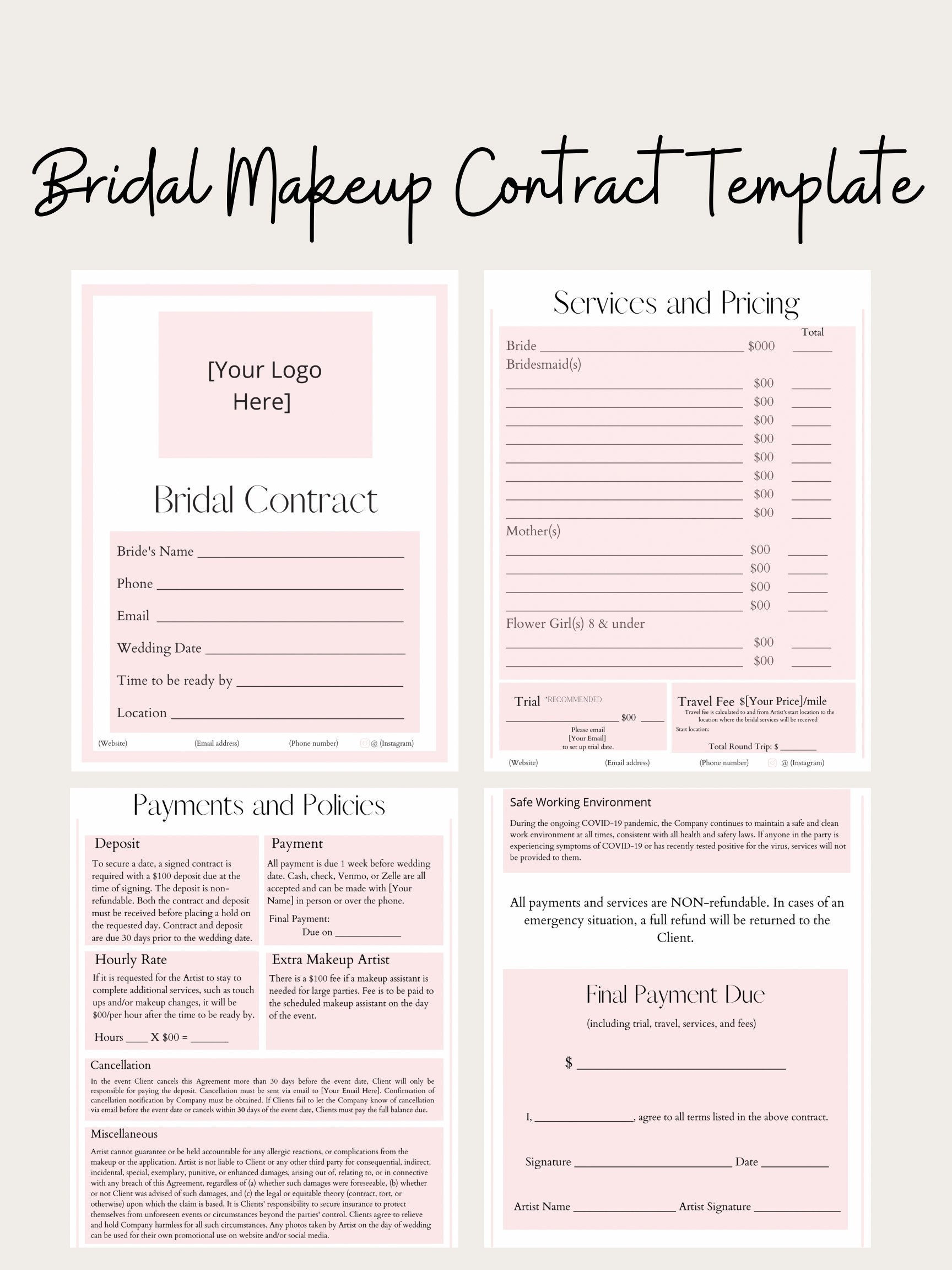 Editable Bridal Makeup Contract Template Etsy