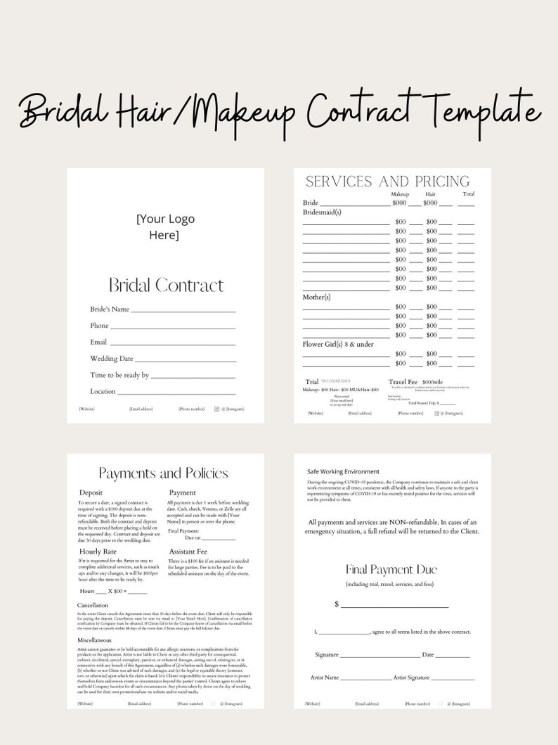 Editable Bridal Hair/makeup Contract Template Etsy