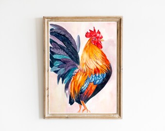 May include: A watercolor painting of a rooster with a red comb and wattle, orange and yellow feathers, and blue and purple tail feathers. The rooster is standing on a pink background.