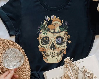 Skull Mushrooms Shirt, Mushrooms and Flowers Boho Gothic, Grunge Gothic Aesthetic Dark Art, Grunge Goth, Occult Gothic, Aesthetic Sad Girl
