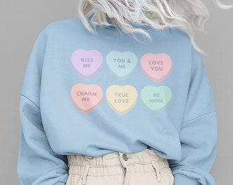 Suéter de corazones de conversación, corazones de caramelo, camisa del Día de San Valentín, corazón de conversación de San Valentín, V-Day de estilo retro, divertido y lindo crewneck