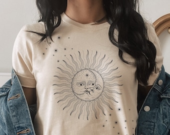 Himmlisches Shirt Mond, Boho Sonne Shirt, Boho Sonne und Mond Shirt, Boho Tarot T-Shirt, Astrologie Shirt, Astronomie Shirt, Mystisches Boho T-Shirt