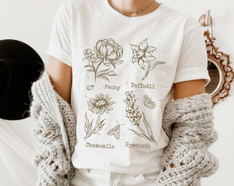 Wildflower T-shirt, Peony Daffodil Chamomile Hyacinth Wild Flowers Shirt, Cute Flower Shirt, Gift for Women, Ladies Shirts, Best Friend Gift