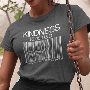 May include: A gray t-shirt with the text "KINDNESS $0.00 USD" and a barcode printed on it. The shirt is being worn by a person on a swing.