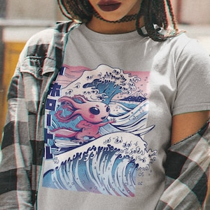 Anime Vaporwave Surfing Axolotl Shirt, Anime and Surfing Anime Shirt, Anime Graphic Shirt, Cute Anime Gift For Anime Lover, Cool Anime shirt