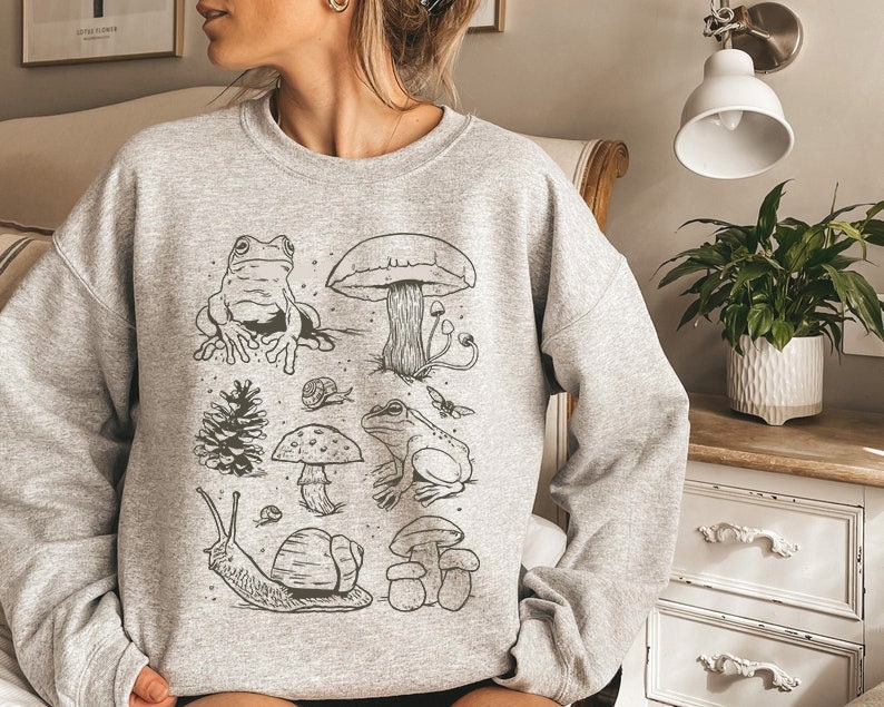 Cottagecore Aesthetic Sweater Pastel Indie Vintage Alt Clothing Boho Cottagecore Mushroom Wildflowers Forest Natural minimalist crewneck