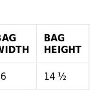 May include: Size guide for a bag with measurements in inches: width 16 inches, height 14 1/2 inches, depth 5 inches, strap length 24 1/2 inches, strap width 1 inch.