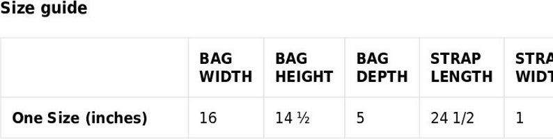 May include: Size guide for a bag with measurements in inches: width 16 inches, height 14 1/2 inches, depth 5 inches, strap length 24 1/2 inches, strap width 1 inch.