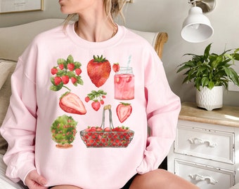Strawberry Picking Outfit, Strawberry Farm Sweatshirt, Farmers Market Sweater, Fresh Strawberries Pullover, Aesthetic Retro Strawberry Print