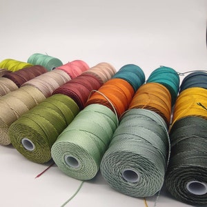 Peut inclure: Une collection de bobines de fil &agrave; broder color&eacute; dans diff&eacute;rentes nuances de vert, marron, orange, rouge et beige.